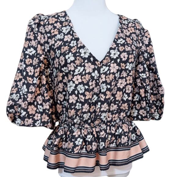 CLUB MONACO Floral Blouse Top L Peplum Puff Short Sleeves Pink Black Cottage - Picture 10 of 11